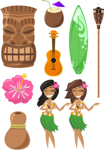 Hawaiian Hawaii Set with tiki hula dancer board ukelele Hawaiian, Hawaii Set with tiki, tiki god,  hula dancer, board, surf board, ukelele, coconut. Vector illustration cartoon. grass skirt stock illustrations