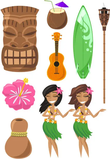 Vector illustration of Hawaiian Hawaii Set with tiki hula dancer board ukelele
