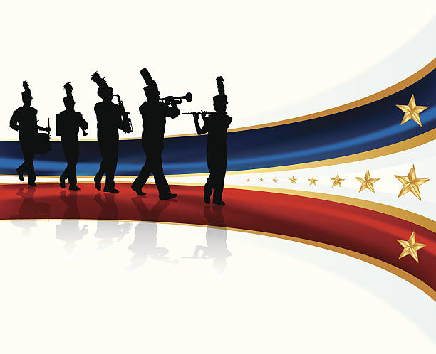 Marching Band Swoosh Graphic Background Marching Band Swoosh Graphic Background. Tight graphic silhouette illustration of the Marching Band. Drummer, Trumpet, Flute and Saxophone. Check out my "Marching Band Vector" light box for more. pics of a marching band stock illustrations
