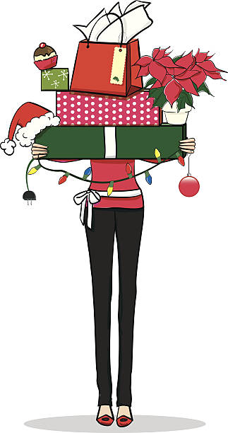 frau mit weihnachten präsentiert - shopping christmas women retail stock-grafiken, -clipart, -cartoons und -symbole