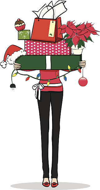 ilustraciones, imágenes clip art, dibujos animados e iconos de stock de mujer con la navidad presenta - shopping christmas women retail