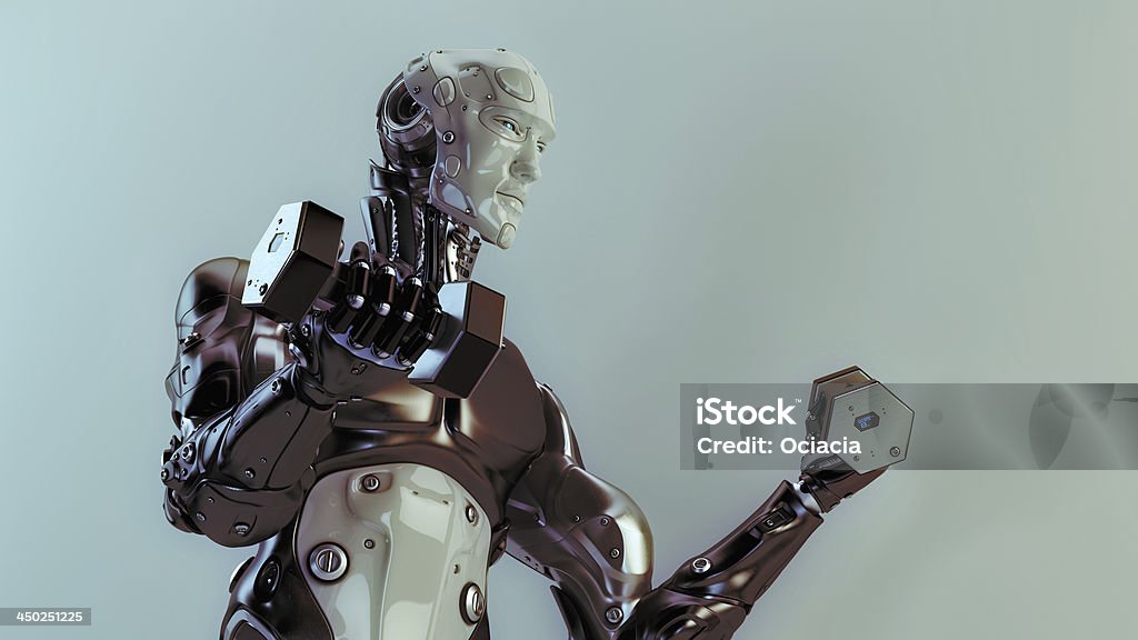 Cool strong robot lift dumbbells Healthy robot takes care about figure and shakes muscles Futuristic Stock Photo