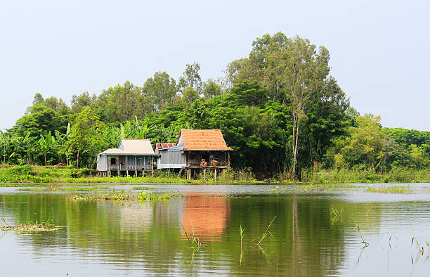 Typical countryside house on the riverbank. As seen in the Vietnam's Mekong Delta: typical dwelling of the people living along the many canals and rivers.
