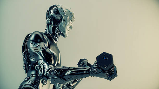 istock Cool strong robot lift dumbbells 450260487