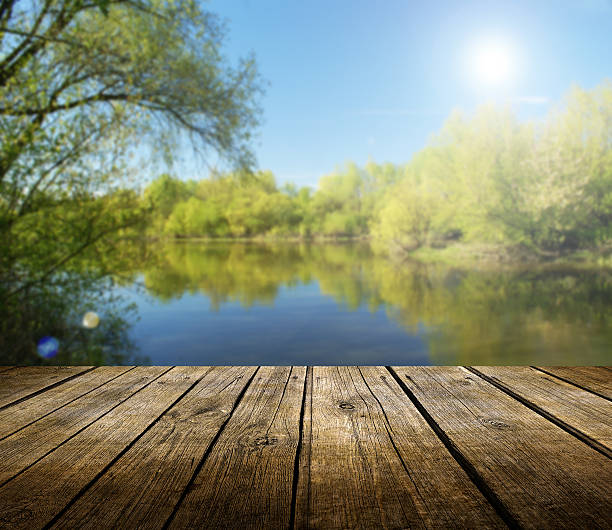 istock Empty wooden table near lake surrounded by trees 450262635