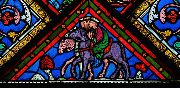 Three Kings - Stained Glass Three Kings traveling towards Bethlehem on a stained glass window in the cathedral of Caen, France. This window was created more than 100 years ago, no property release is required. caen photos stock pictures, royalty-free photos & images