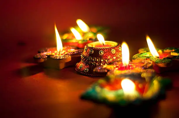 Photo of Diwali oil lamps lit up at night