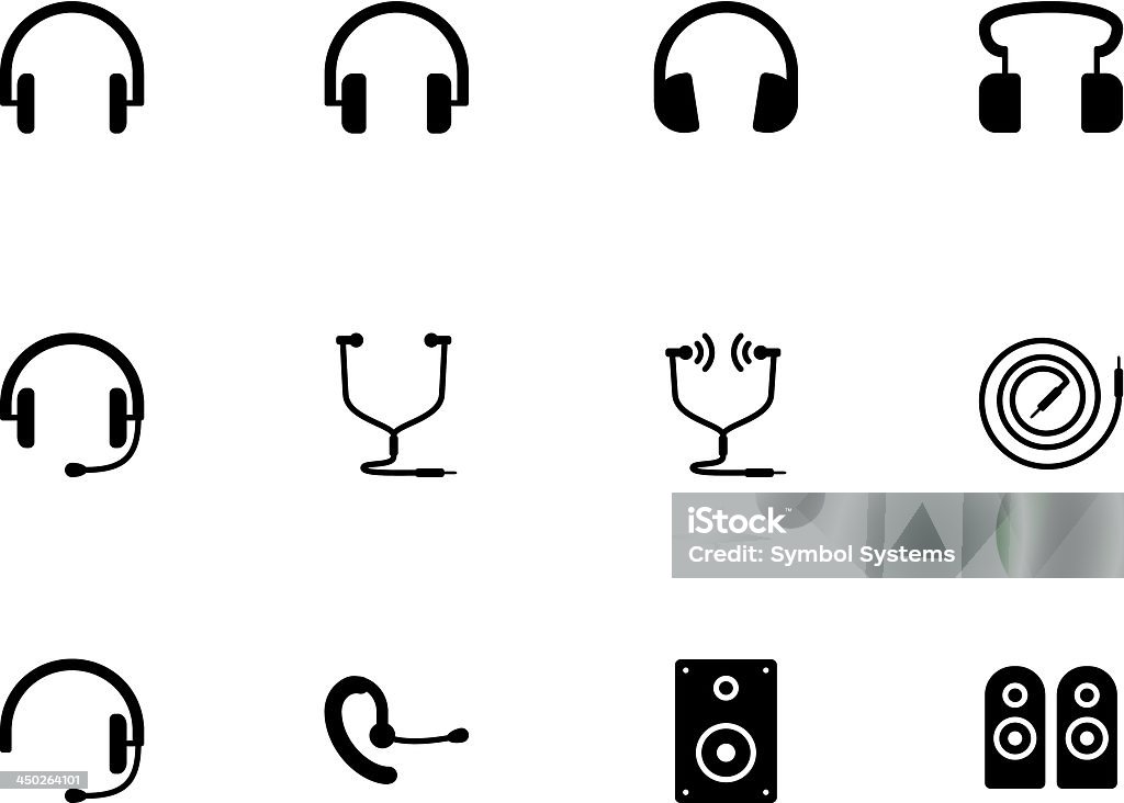 Écouteurs et haut-parleurs icônes sur fond blanc. - clipart vectoriel de Casque audio libre de droits