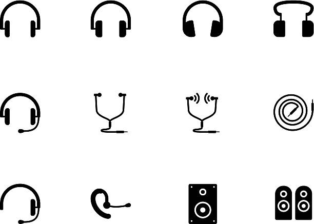 ヘッドフォンとスピーカーのアイコンの白い背景にます。 - equipment human ear sound music点のイラスト素材／クリップアート素材／マンガ素材／アイコン素材