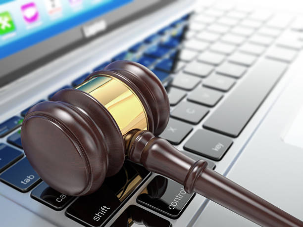 istock Online auction. Gavel on laptop. 3d 450270251