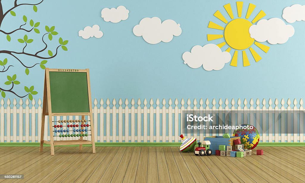Playroom Playroom with wall decor, toys and blackboard with abacus - rendering Abacus Stock Photo