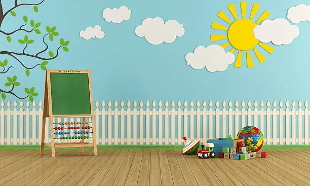 Playroom with wall decor, toys and blackboard with abacus - rendering