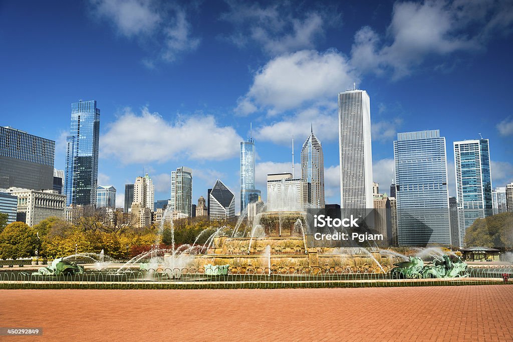 Chicago Illinois skyline Chicago cityscape from the Clarence Buckingham Memorial Fountain in Illinois USA Millennium Park - Chicago Stock Photo