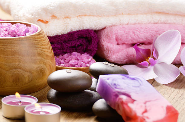 istock Spa lavender salt set on the wooden  table 450308247