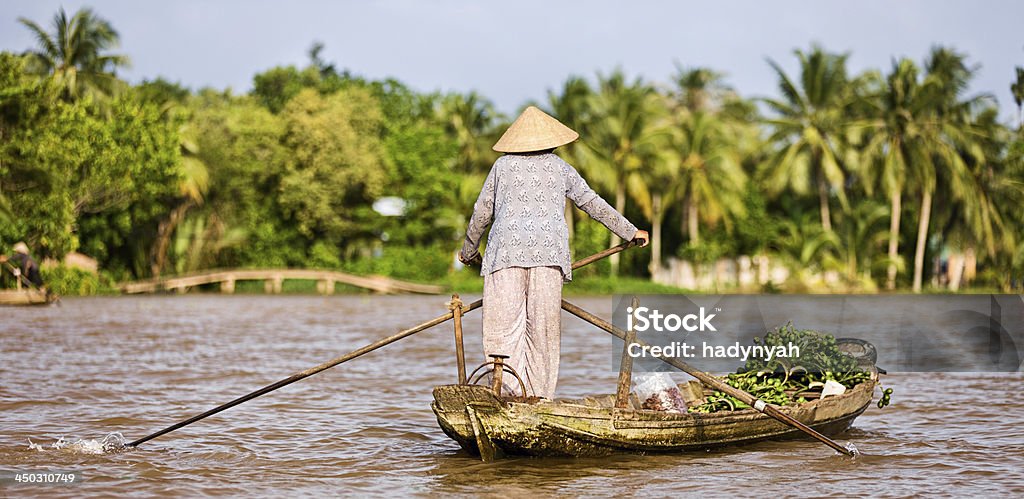 Femme vietnamienne aviron bateau de rivière Delta du Mékong, Vietnam - Photo de Vietnam libre de droits