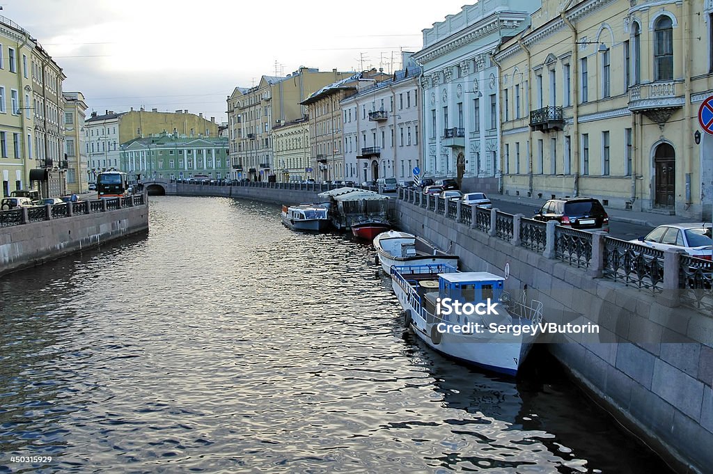 Channel of Saint-Petersburg River channel with boats in Saint-Petersburg. Spring Architecture Stock Photo