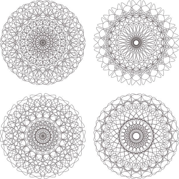 ilustrações, clipart, desenhos animados e ícones de conjunto de vetor guilhoché rosettes - lace guilloche decoration circle