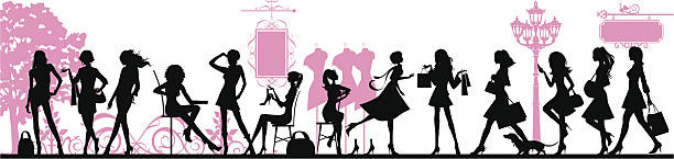 Silhouettes of cartoon woman against a pink background vector art illustration