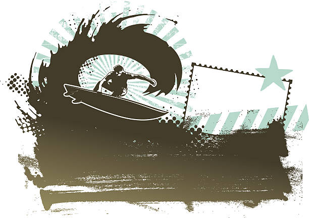 ilustrações de stock, clip art, desenhos animados e ícones de surf banner de grunge com rider a correr grande onda - adventure australia big wave surfing best in show