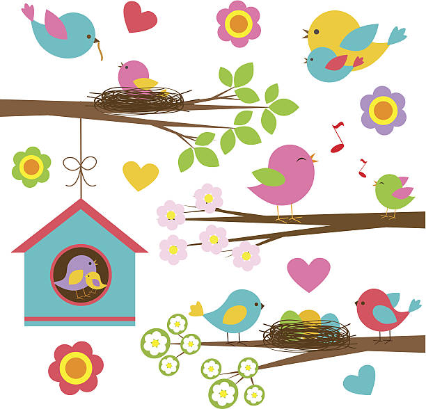 illustrations, cliparts, dessins animés et icônes de familles d'oiseaux - birdhouse birds nest animal nest house