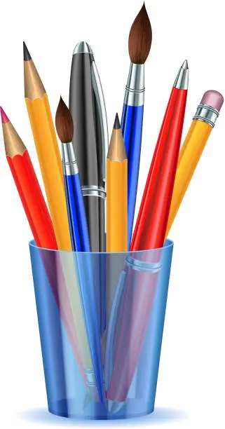 Vector illustration of Brushes, pencils and pens in the holder.