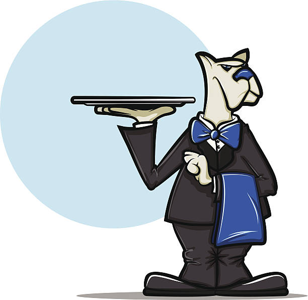 Dog Waiter Illustration of a cartoon dog wearing a tuxedo and holding a server tray. EPS 10 format with transparencies. silver platter stock illustrations