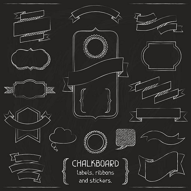 Chalkboard labels, ribbons and stickers. Chalkboard labels, ribbons and stickers. chalk art equipment stock illustrations