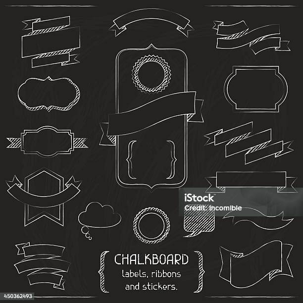 Chalkboard Labels Ribbons And Stickers Stock Illustration - Download Image Now - Chalk - Art Equipment, Chalkboard - Visual Aid, Drawing - Activity