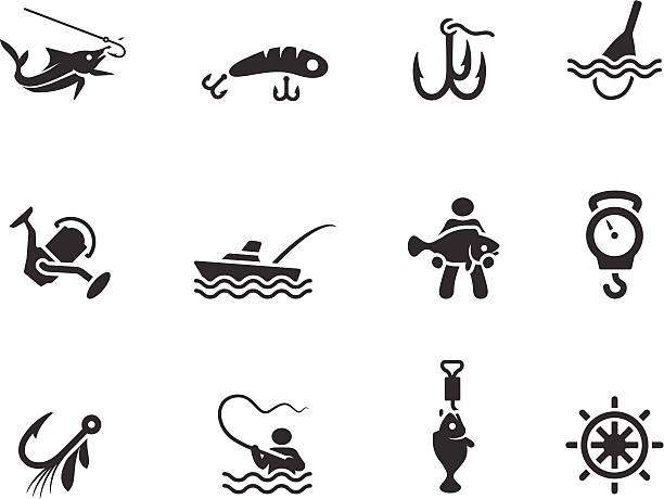 połowów ikony czarno-białe - fishing fishing industry fly fishing river stock illustrations