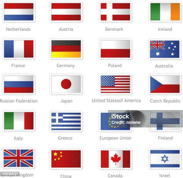 Всемирный Флаги Как Штампы — стоковая векторная графика и другие изображения на тему Карта мира - Карта мира, Почтовая марка, Флаг