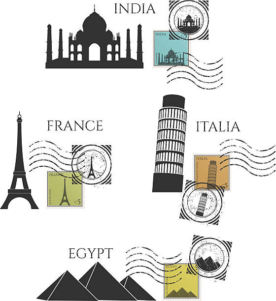 ilustrações, clipart, desenhos animados e ícones de vetor cidade, monumentos e selos postais - postcard french culture france postage stamp