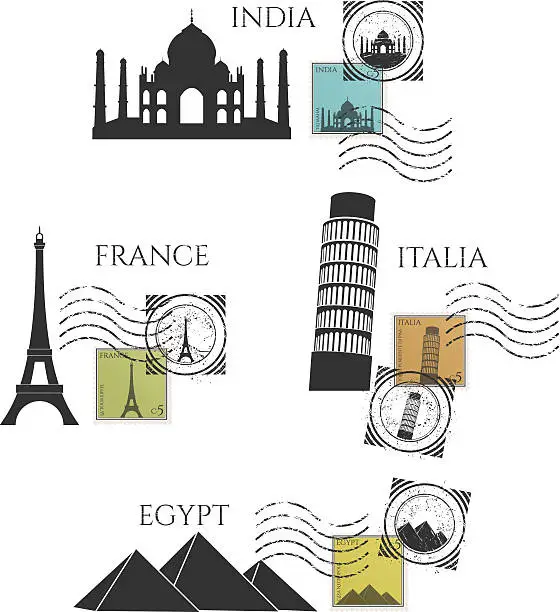 Vector illustration of vector city monuments and postage stamps