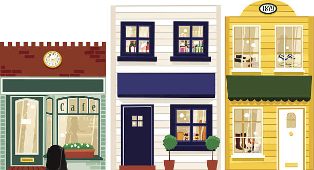 illustrazioni stock, clip art, cartoni animati e icone di tendenza di tre piccoli boutique - small town america