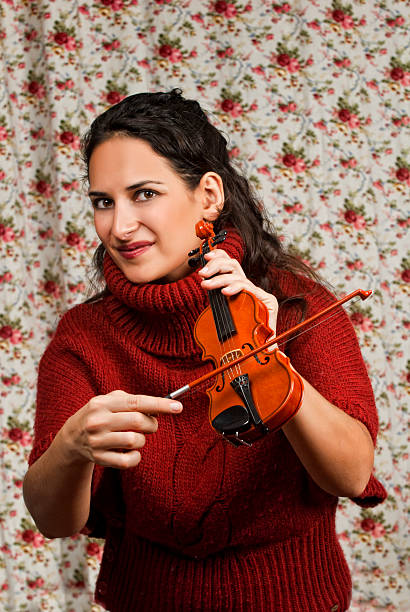 Woman in red over floral background