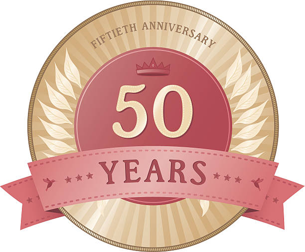 Fifty Years Anniversary Badge A vintage style fifty years anniversary badge with a laurel wreath, crown and hummingbird motifs. This is an editable EPS 10 vector illustration with CMYK color space. celebrating 50 years in business stock illustrations