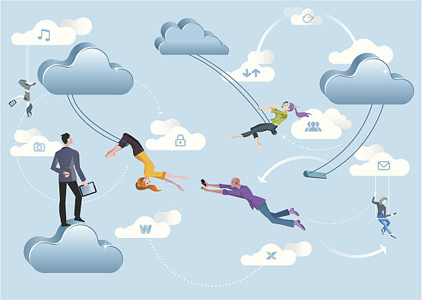Cloud Computing Acrobats Business men and business women are working in the cloud like acrobats swinging between clouds and cooperating between them. trapeze artist stock illustrations