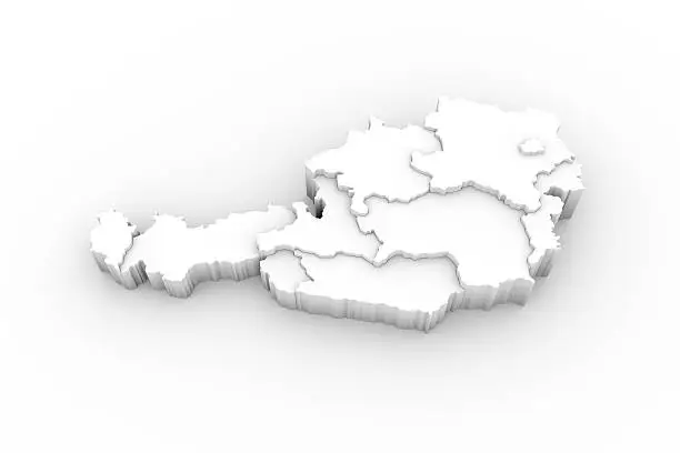 High resolution Austria map in 3D in white with states stepwise arranged and including a clipping path.