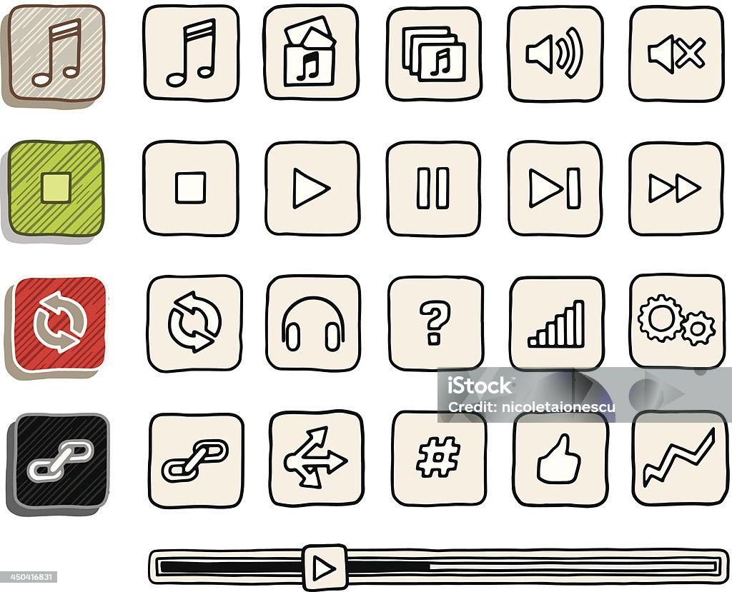 Hand Drawn Music Player Icons 20 vector buttons for music players. 5 colors available. Files included in zip: Ai8, Corel Draw 9, SVG Inkscape.  Audio Electronics stock vector