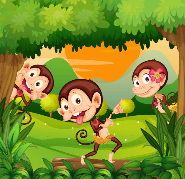 ilustraciones, imágenes clip art, dibujos animados e iconos de stock de tres monos baile en el bosque - grass branch wealth forest