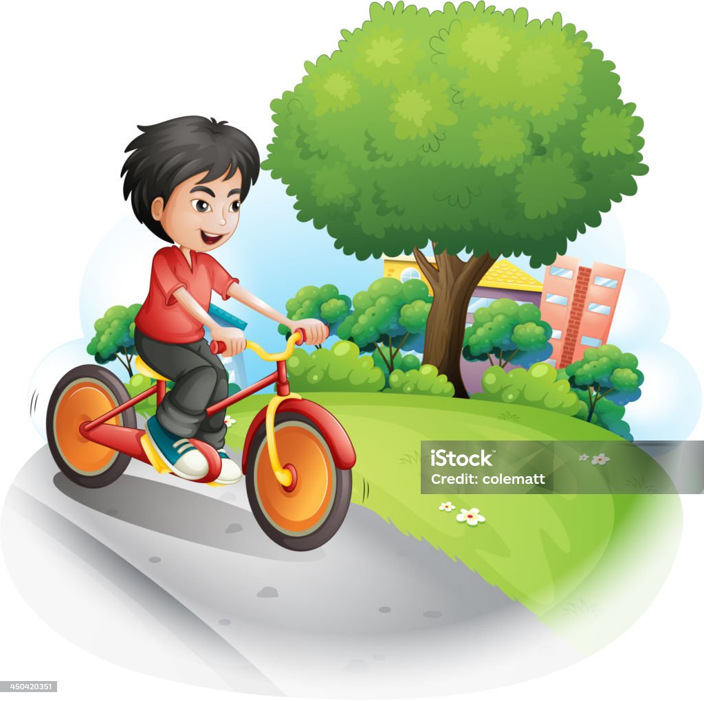 Мальчик с красный рубашка велоспорт - Векторная графика Асфальт роялти-фри