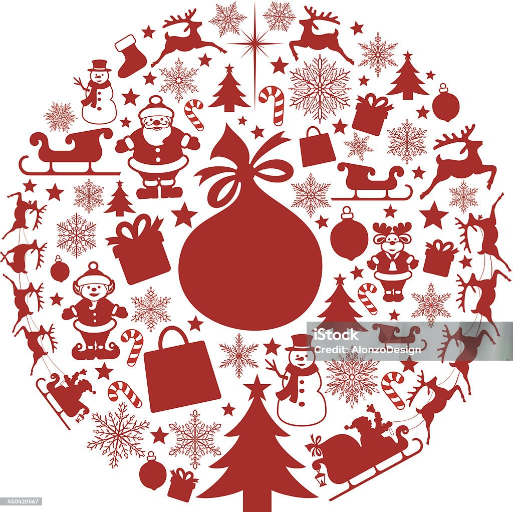 Circular collage of red Christmas designs Christmas-themed collage vector illustration.  A circle is formed using various seasonal icons.  In the very center is Santa's magical toy bag.  Surrounding the toy bag are multiple snowflakes in a range of sizes, Santa Claus and his reindeer, Christmas trees, candy canes, snowmen, ornaments, shopping bags, Christmas stockings, wrapped gifts topped with bows, and stars. There are also a reindeer and an elf dressed in Santa suits.  The illustration is rendered in red and white.  The circle is centered in the middle of the illustration, and the background is white. Composite Image stock vector