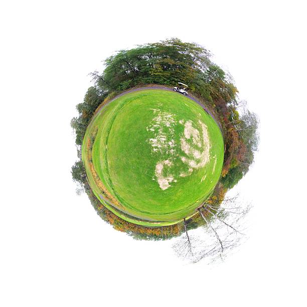 istock Little tiny planet golf course green field, Small world isolated 450420659