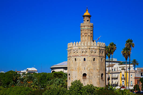 detalle de torre del oro, sevilla, españa - seville sevilla andalusia torre del oro fotografías e imágenes de stock