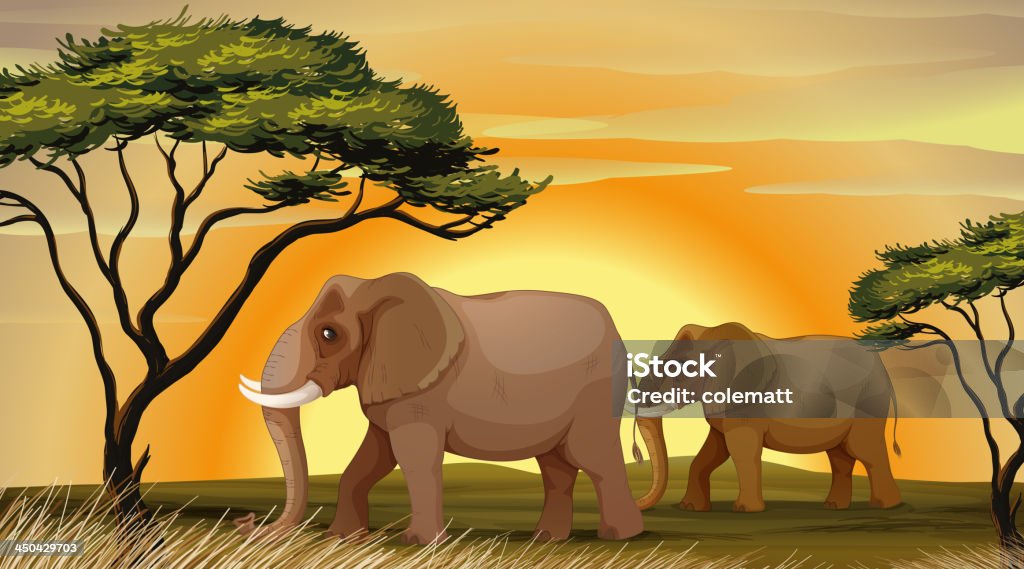 Éléphant sous un arbre - clipart vectoriel de Deux animaux libre de droits
