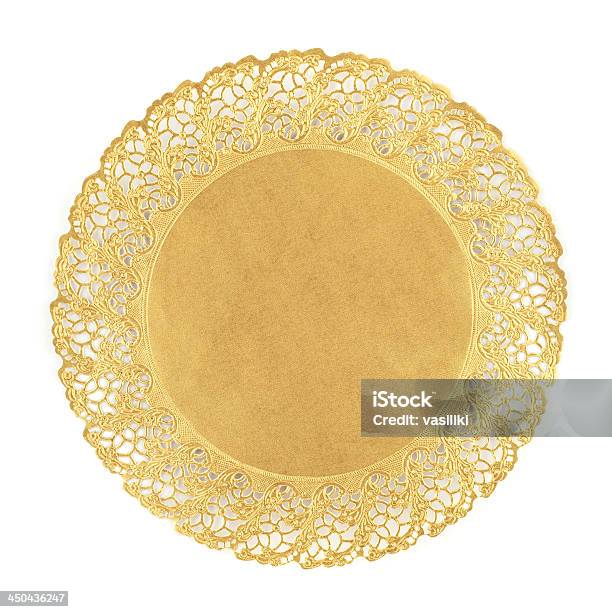 Round Golden Doily On White Background Stock Photo - Download Image Now - Lace - Textile, Circle, Cut Out