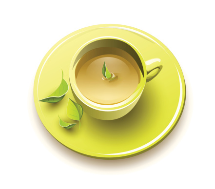 Organic green tea in yellow green cup with green leaves
