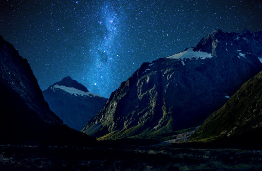 The night on the mountaintop, starry sky and lake water.