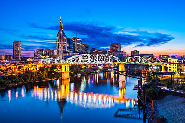 Nashville Tennessee Nashville, Tennessee downtown skyline at Shelby Street Bridge. footbridge stock pictures, royalty-free photos & images