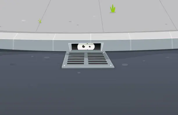 Vector illustration of Eyes Spying Inside Pavement Gutter Hole
