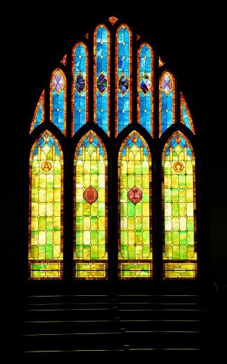 Multi colored stained glass church window in Hanalei, Kauai, Hawaii